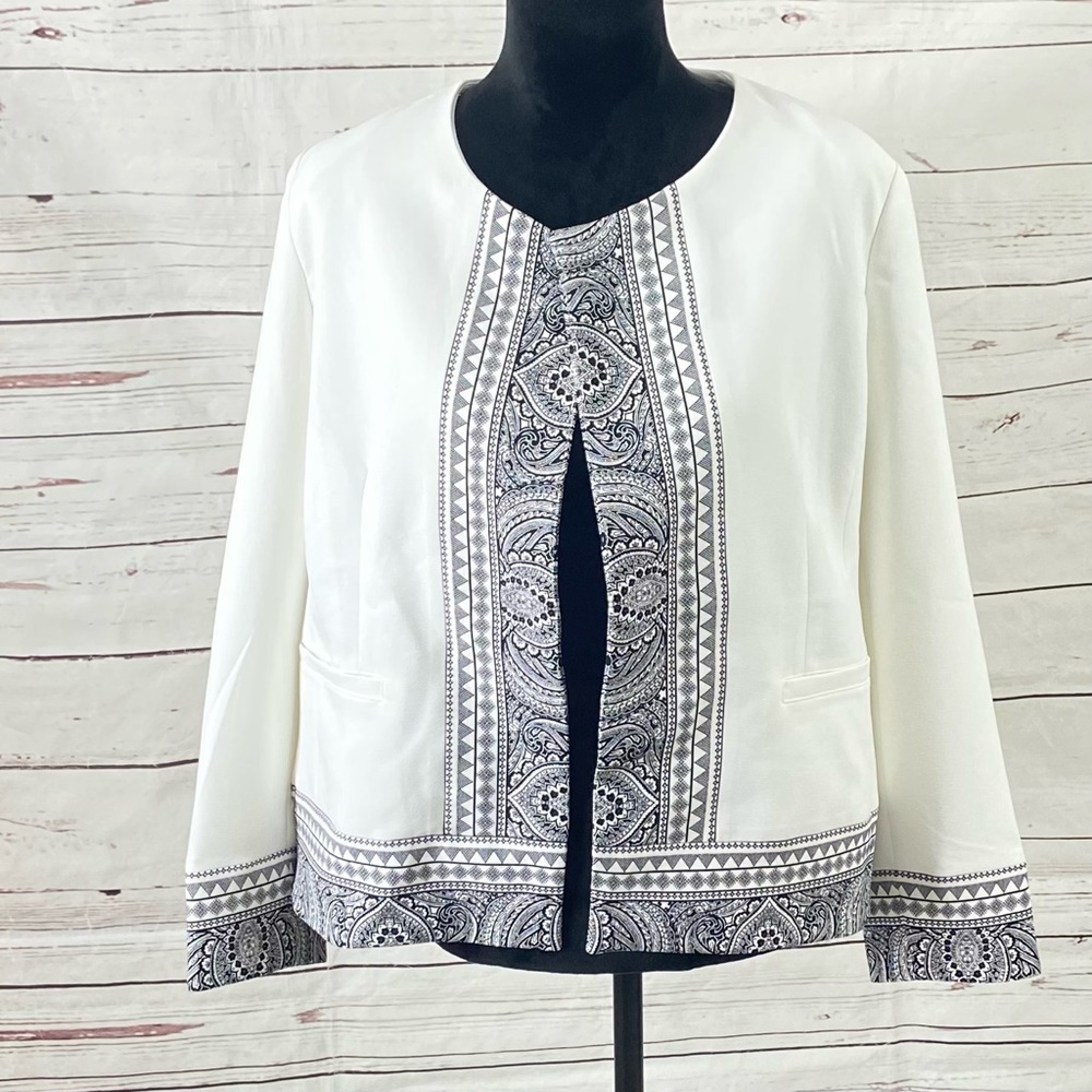 Chicos Blazer Jacket Size 8 US 8/10‎ Border Alabaster White Black Open